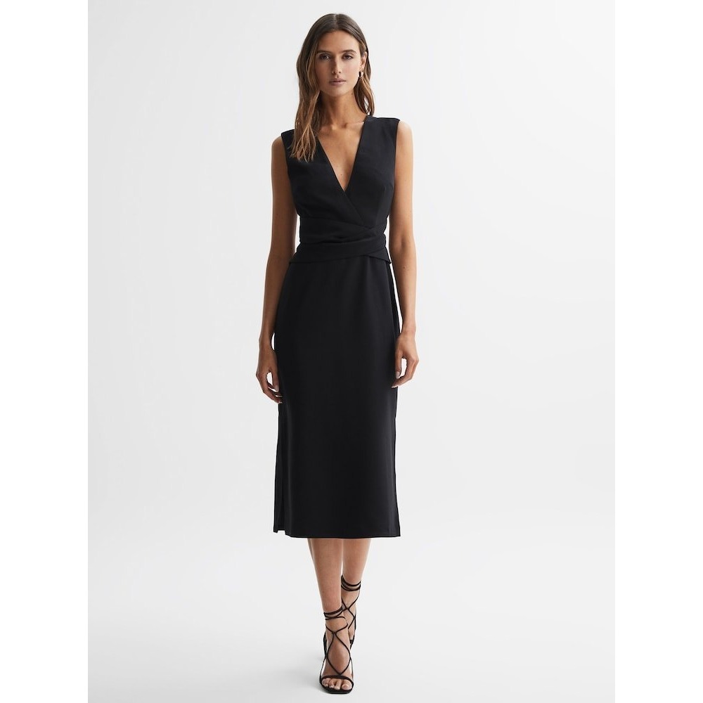 Reiss Jayla Black V-Neck Wrap Waist Midi Dress Sleeveless Size 10